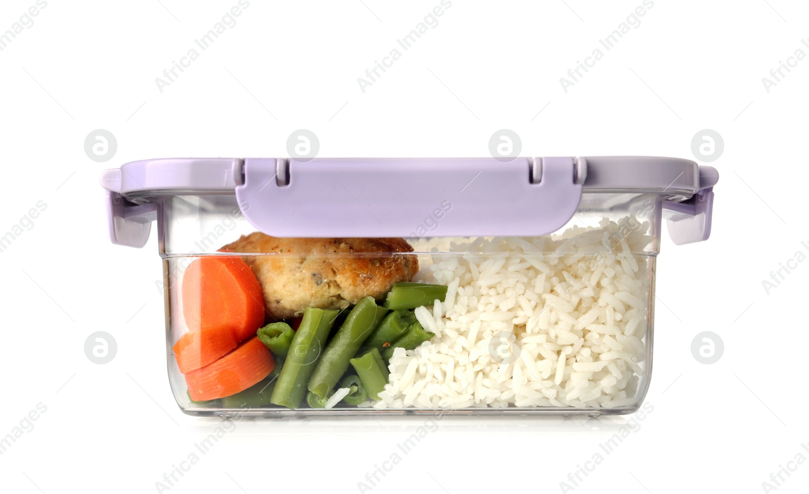 Photo of Plastic box with prepared meal isolated on white