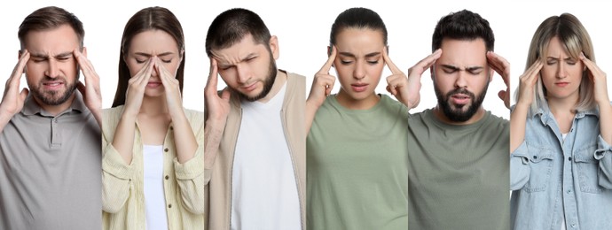 Image of Collage with photos of people suffering from headache on white background. Banner design