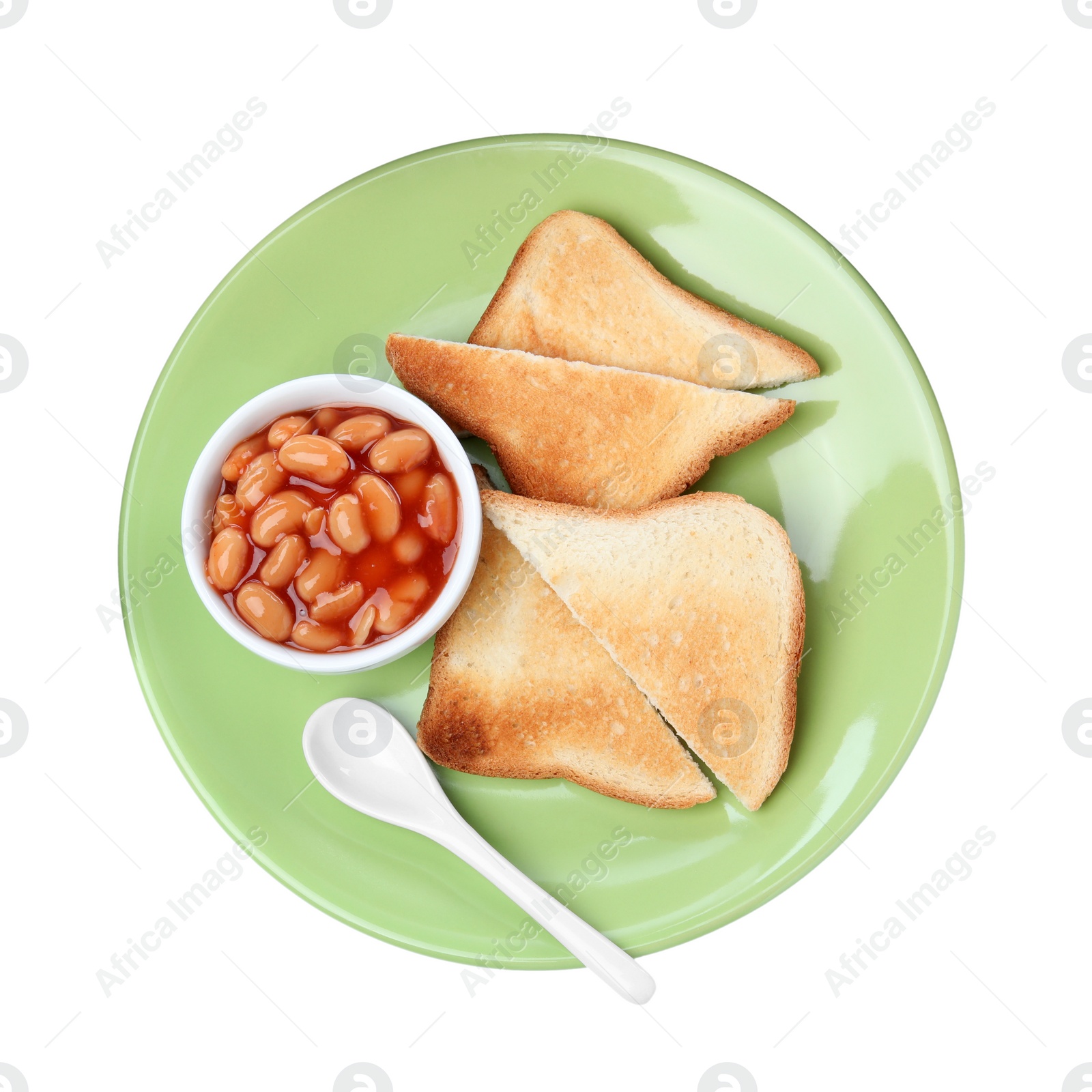 Photo of Toasts and delicious canned beans isolated on white, top view