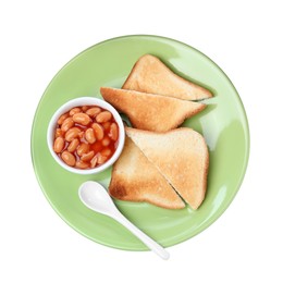 Photo of Toasts and delicious canned beans isolated on white, top view