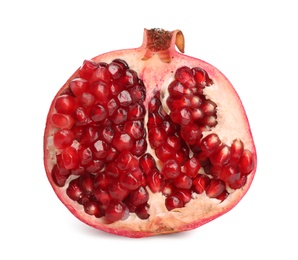 Photo of Half of ripe pomegranate on white background