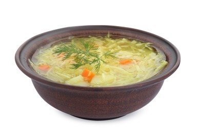 Photo of Bowl of delicious sauerkraut soup with carrot and dill isolated on white