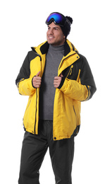 Man wearing stylish winter sport clothes on white background
