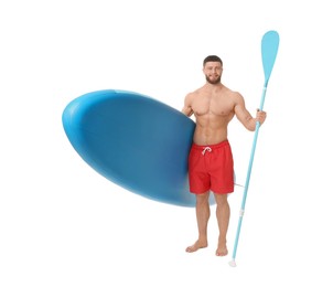 Happy man with blue SUP board and paddle on white background