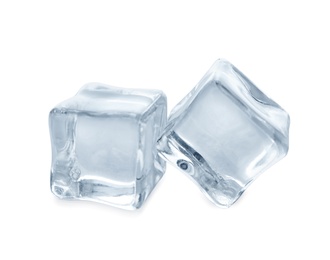 Crystal clear ice cubes on white background