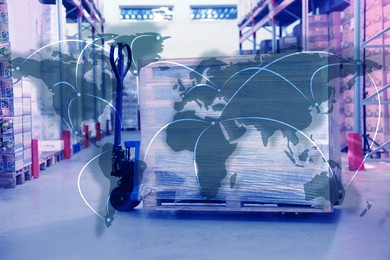 Image of Worldwide logistics. Wooden pallets wrapped in stretch on manual forklift indoors and illustration of map