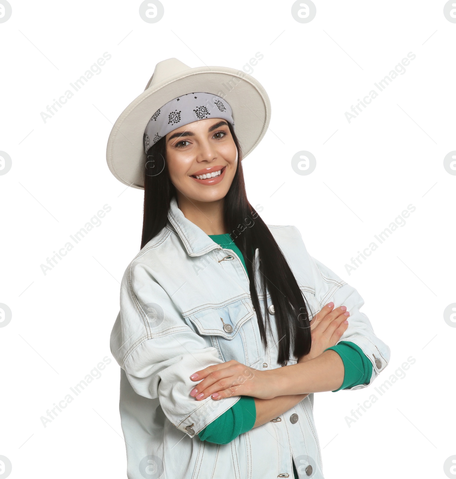 Photo of Fashionable young woman in stylish outfit with bandana on white background