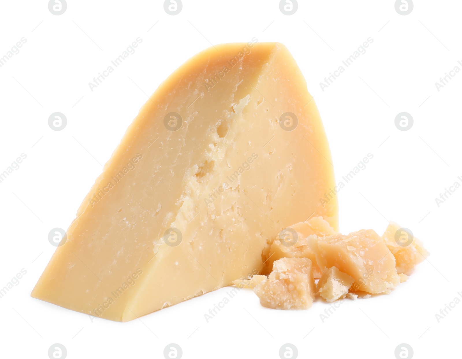 Photo of Pieces of delicious parmesan cheese on white background