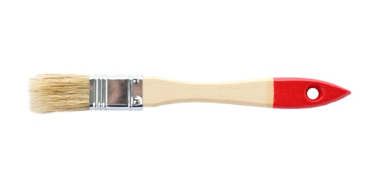 Photo of Thin wooden paint brush on white background