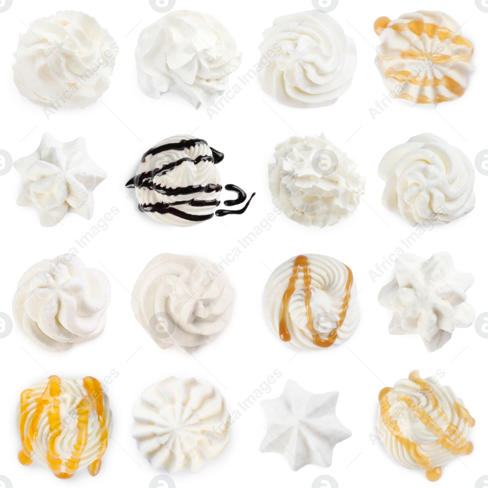 Image of Set with delicious fresh whipped cream on white background, top view