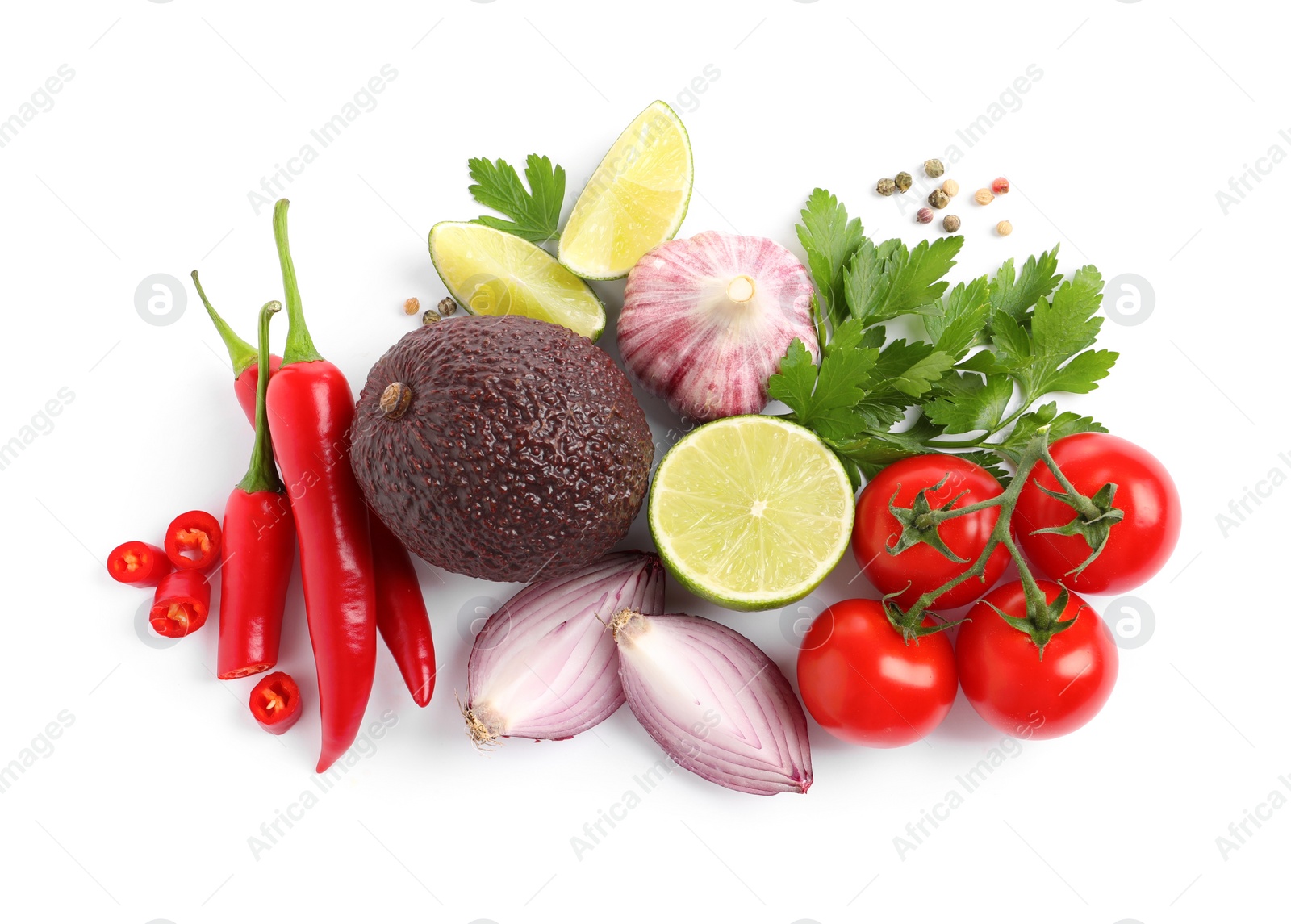 Photo of Fresh ingredients for guacamole on white background, top view