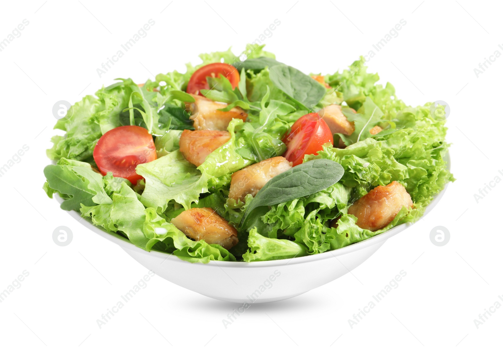 Photo of Delicious salad with chicken, cherry tomato and spinach isolated on white