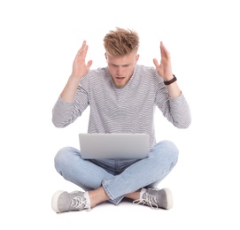 Emotional man with laptop on white background