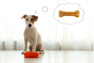 Image of Cute Jack Russell Terrier near feeding bowl dreaming about tasty treat indoors. Thought cloud with chew bone