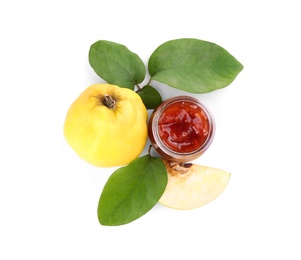 Photo of Delicious quince jam and fruits isolated on white, top view
