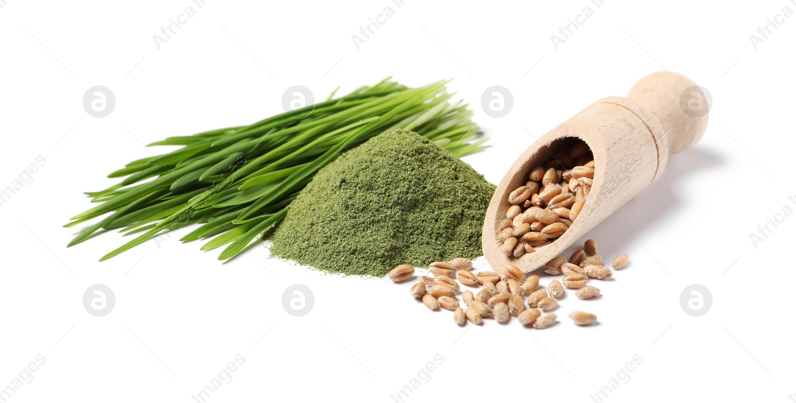 Photo of Wheat grass powder, scoop with seeds and fresh sprouts isolated on white