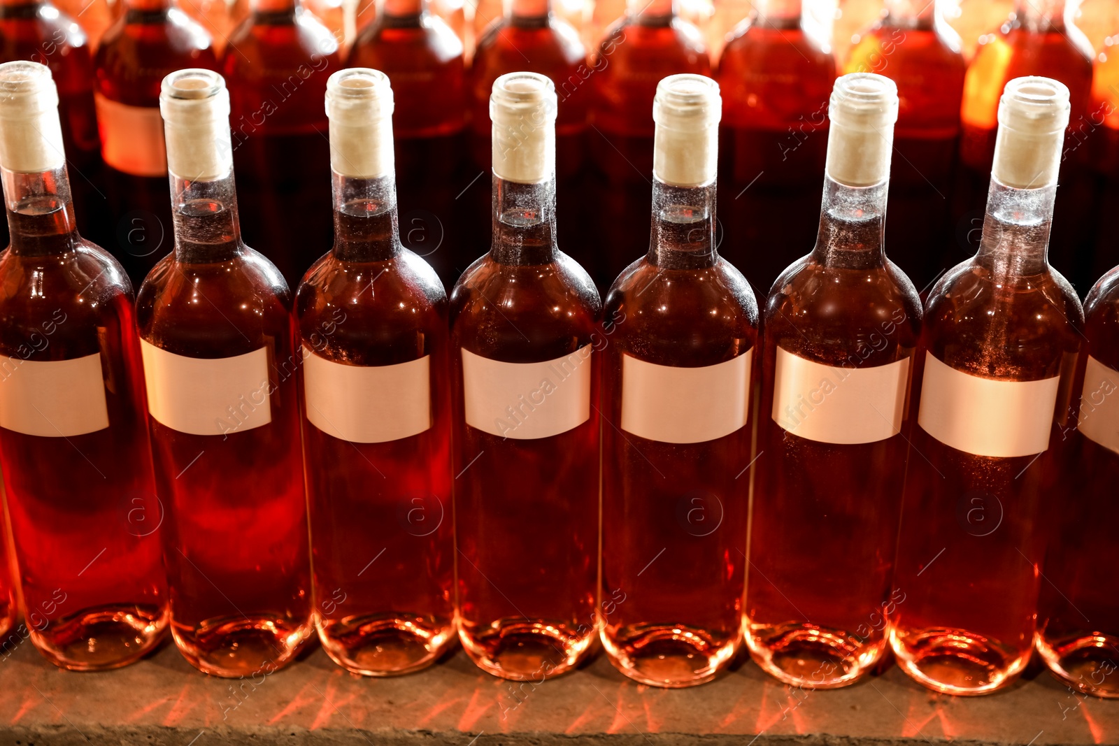 Photo of Many bottles of red wine on shelf, closeup