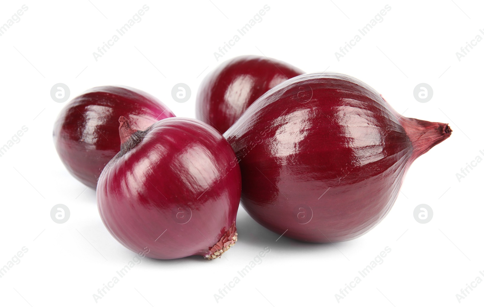 Photo of Fresh whole red onions on white background