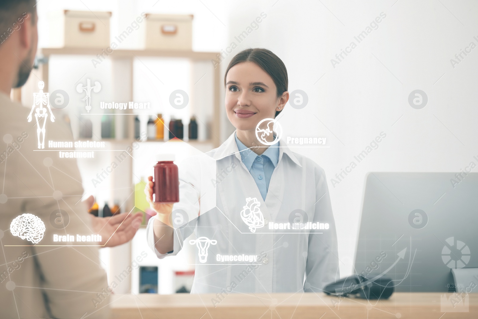 Image of Professional pharmacist giving medicine to customer in drugstore