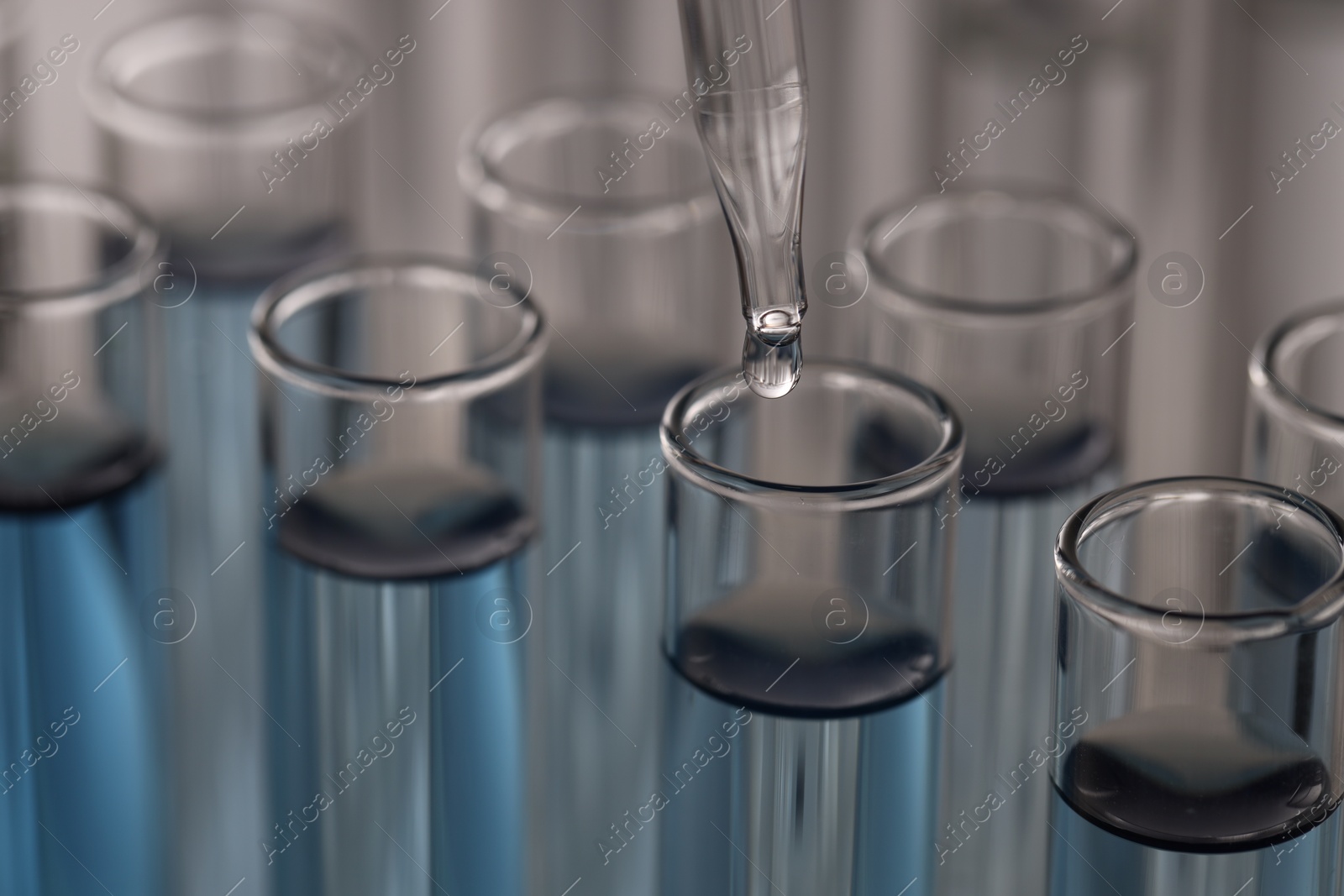 Photo of Dripping liquid from pipette into test tube on light background, closeup