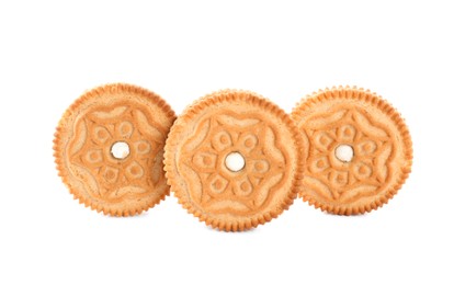 Photo of Tasty sweet sandwich cookies on white background