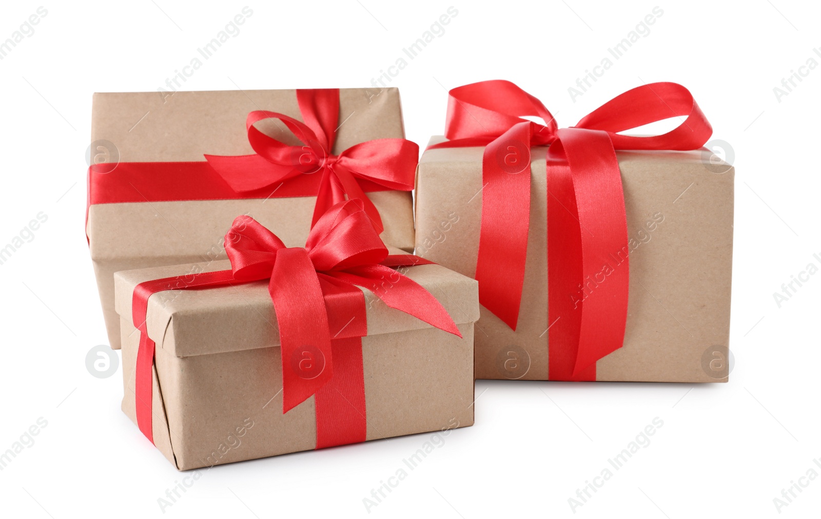 Photo of Different Christmas gift boxes on white background