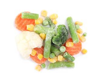 Mix of different frozen vegetables isolated on white, top view