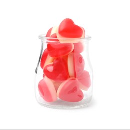 Jar with sweet heart shaped jelly candies on white background