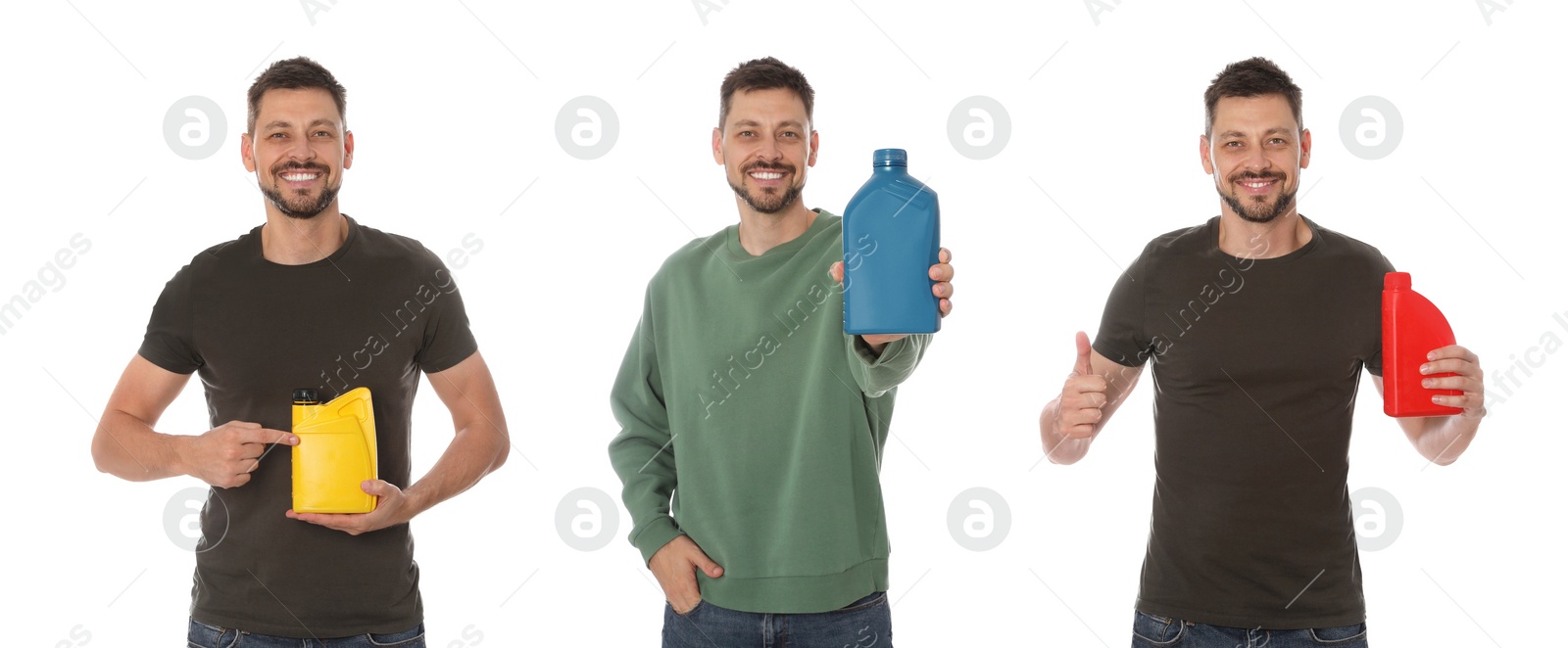 Image of Collage with photos of man with containers of different motor oil on white background