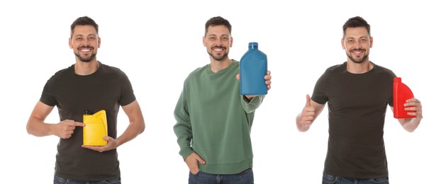 Collage with photos of man with containers of different motor oil on white background