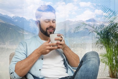 Image of Young man with cup and mountain landscape, double exposure. State of mindfulness
