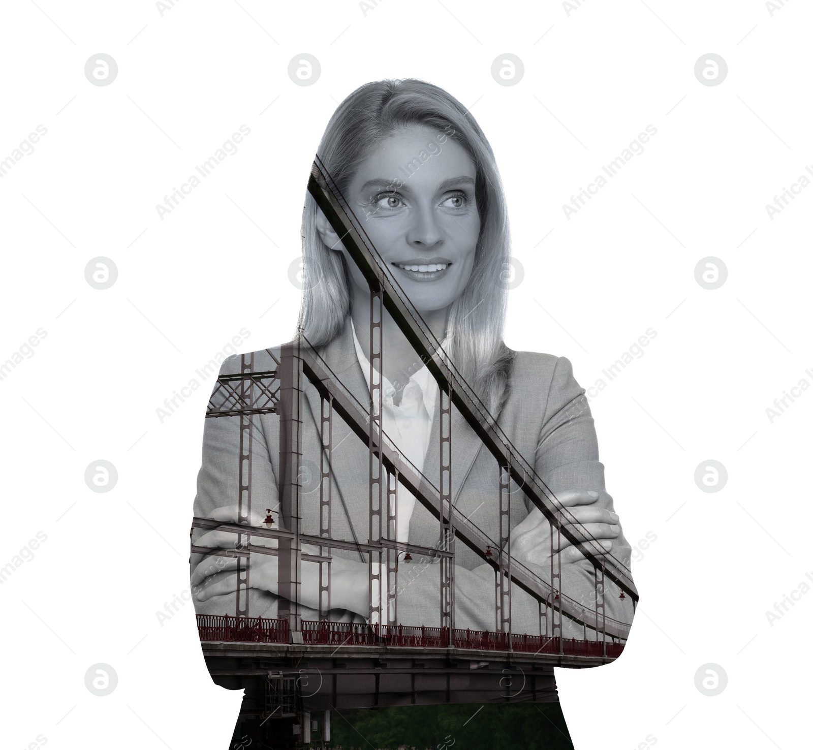 Image of Double exposure of businesswoman and bridge on white background