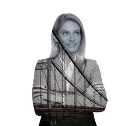Double exposure of businesswoman and bridge on white background