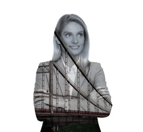 Image of Double exposure of businesswoman and bridge on white background