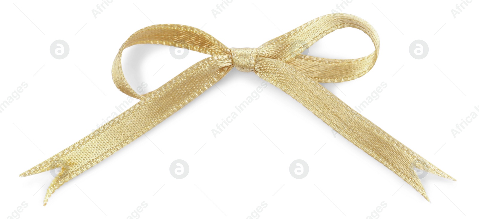 Photo of Beautiful golden ribbon tied in bow isolated on white, top view