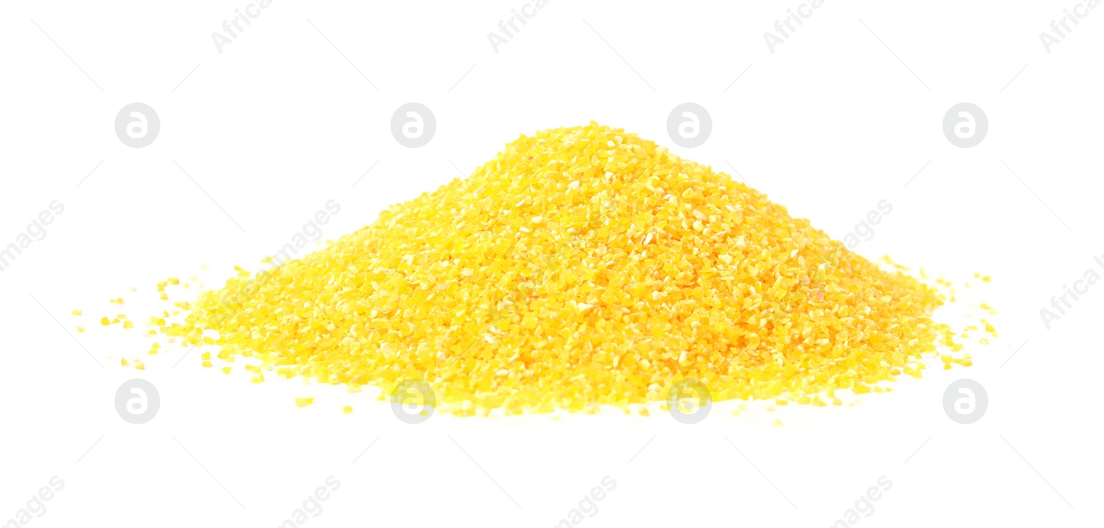 Photo of Pile of raw cornmeal isolated on white