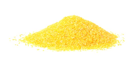 Photo of Pile of raw cornmeal isolated on white