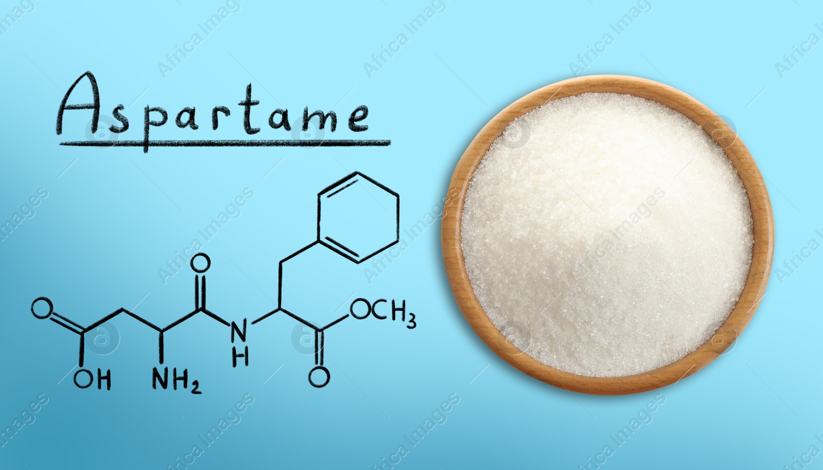 Image of Chemical structural formula and artificial sweetener in bowl on light blue background, top view. Banner design