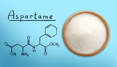 Image of Chemical structural formula and artificial sweetener in bowl on light blue background, top view. Banner design