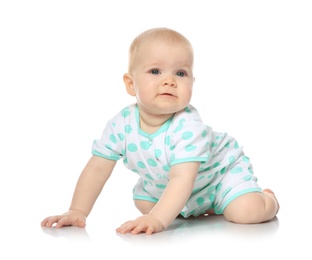 Photo of Cute little baby crawling on white background