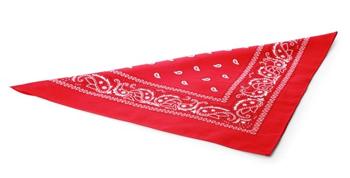 Photo of Folded red bandana with paisley pattern isolated on white