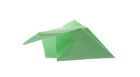 Photo of Handmade light green paper plane isolated on white