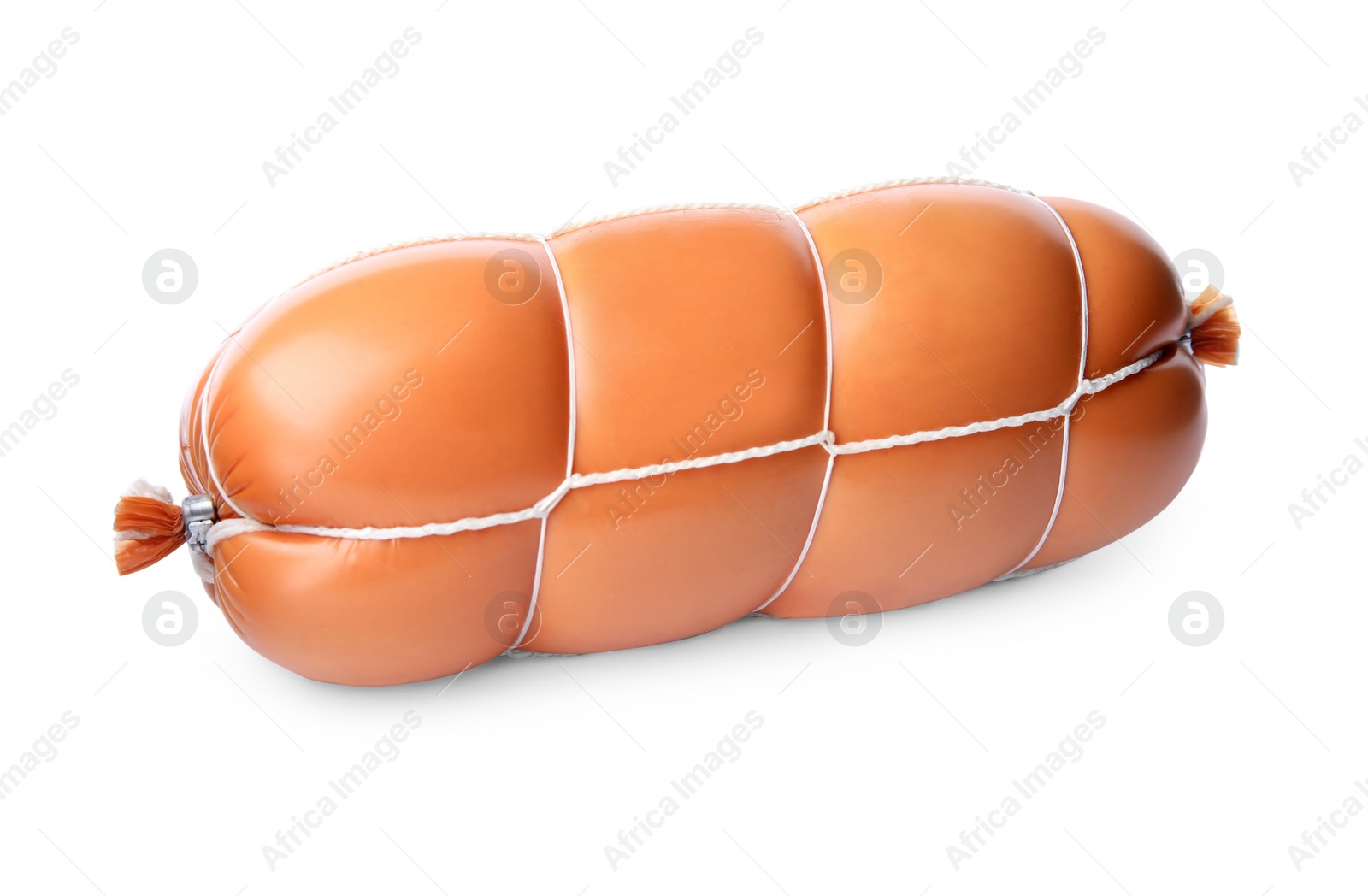 Photo of Tasty sausage on white background. Meat product