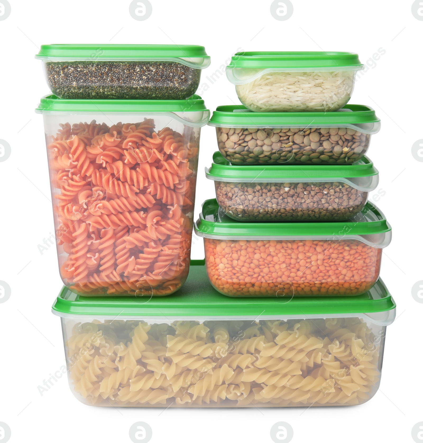 Photo of Plastic containers filled with food products isolated on white