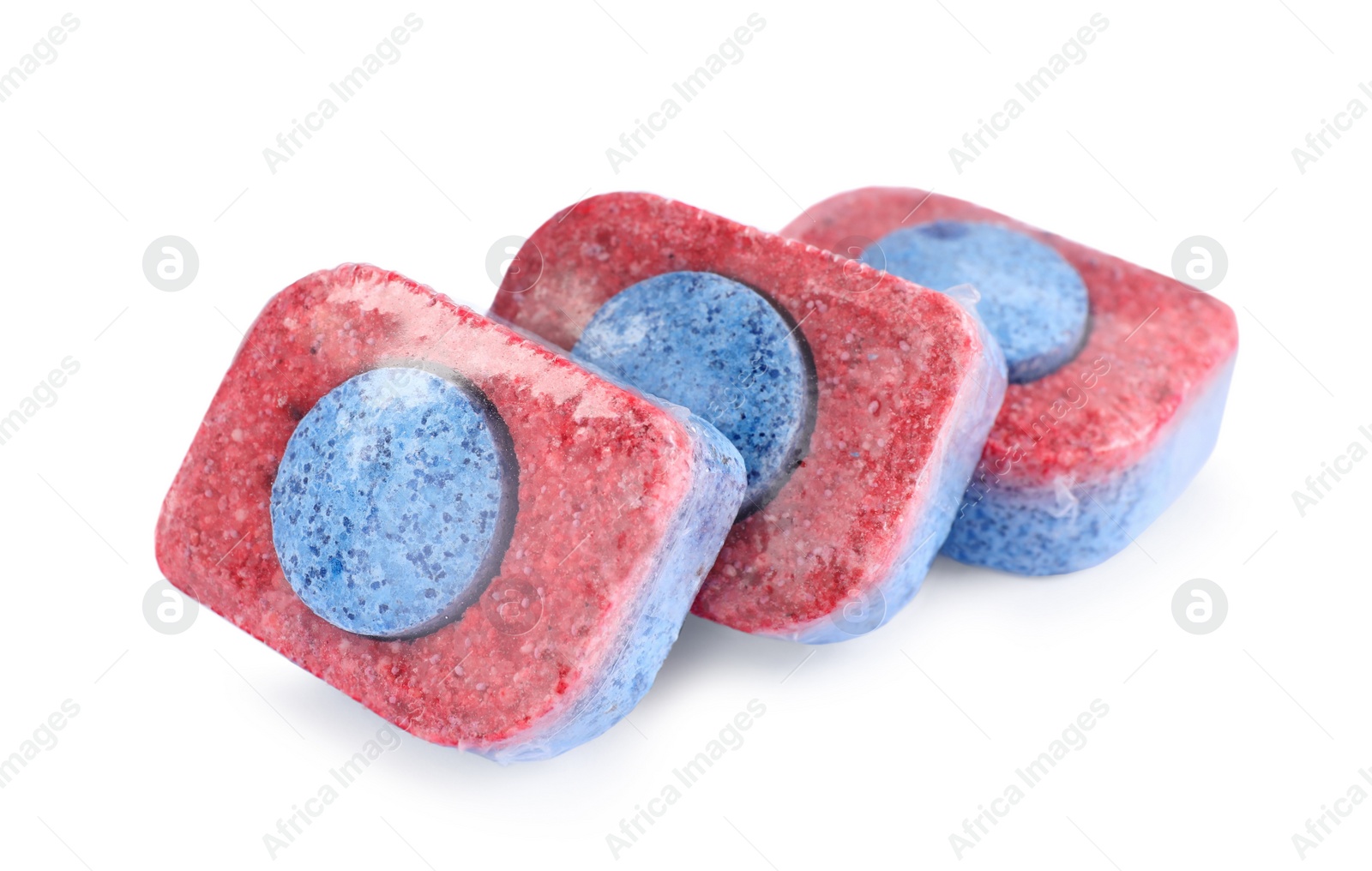 Photo of Three dishwasher detergent tablets on white background