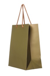 Photo of One brown shopping bag isolated on white