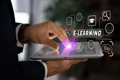 Image of E-learning. Man using tablet on blurred background, closeup. Illustration of scheme with different icons