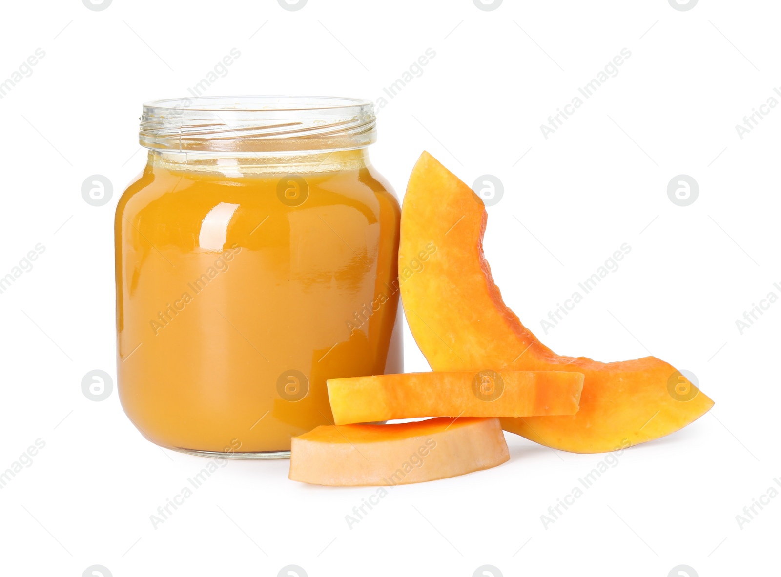 Photo of Tasty baby food in jar and fresh pumpkin isolated on white