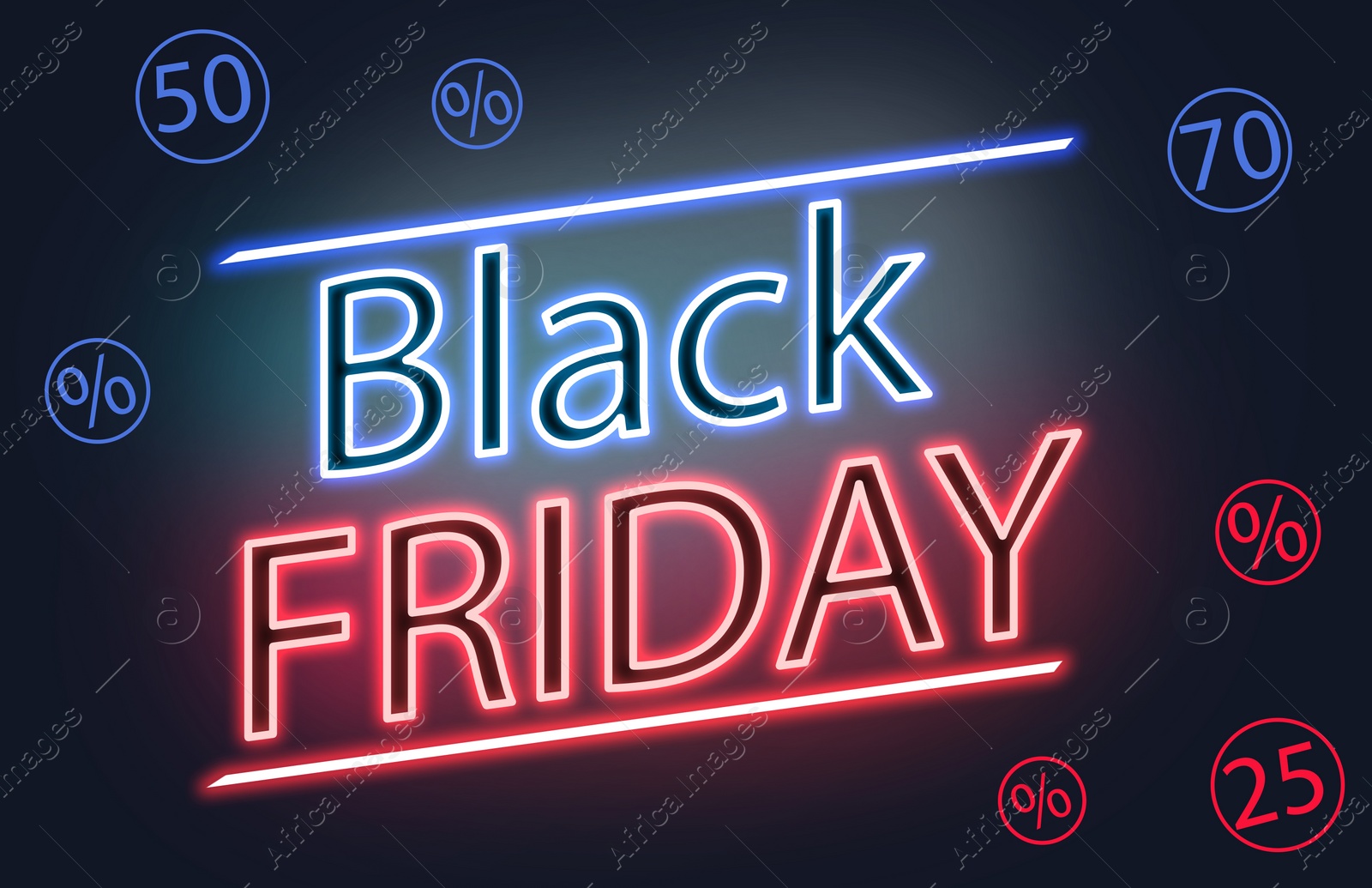 Illustration of Text BLACK FRIDAY and shopping icons on dark background