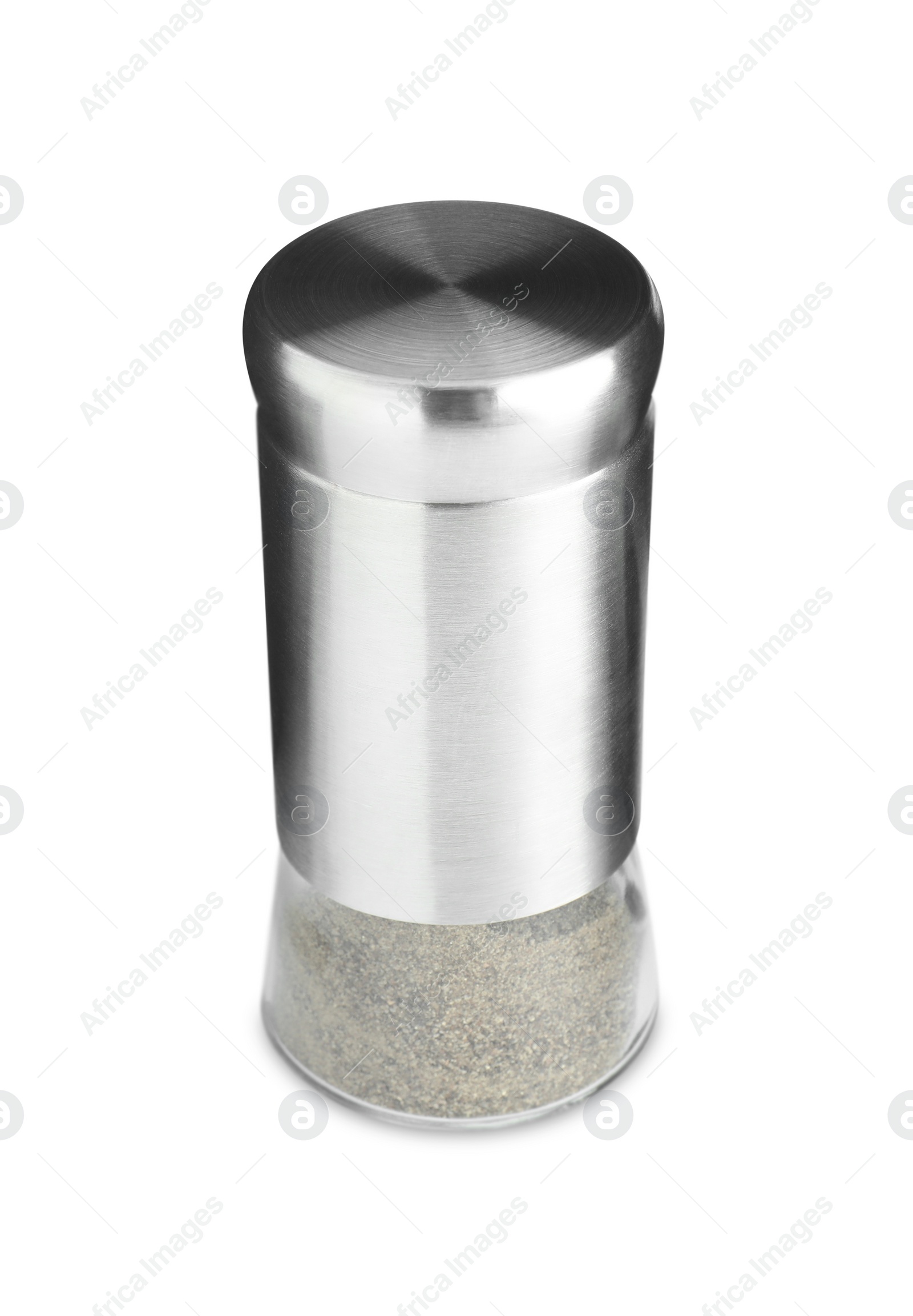 Photo of One pepper shaker isolated on white. Aromatic spice